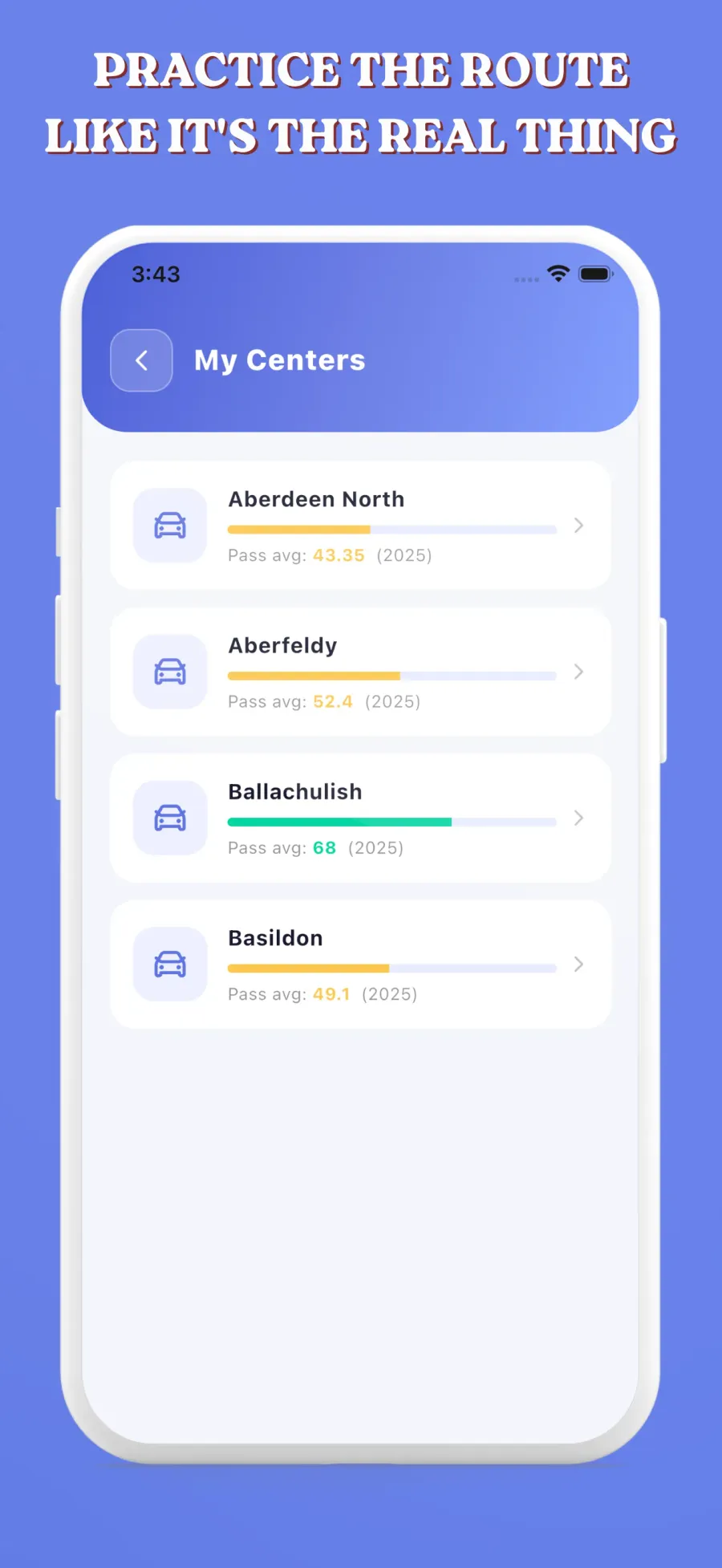 My Centres list of purchased driving test centres