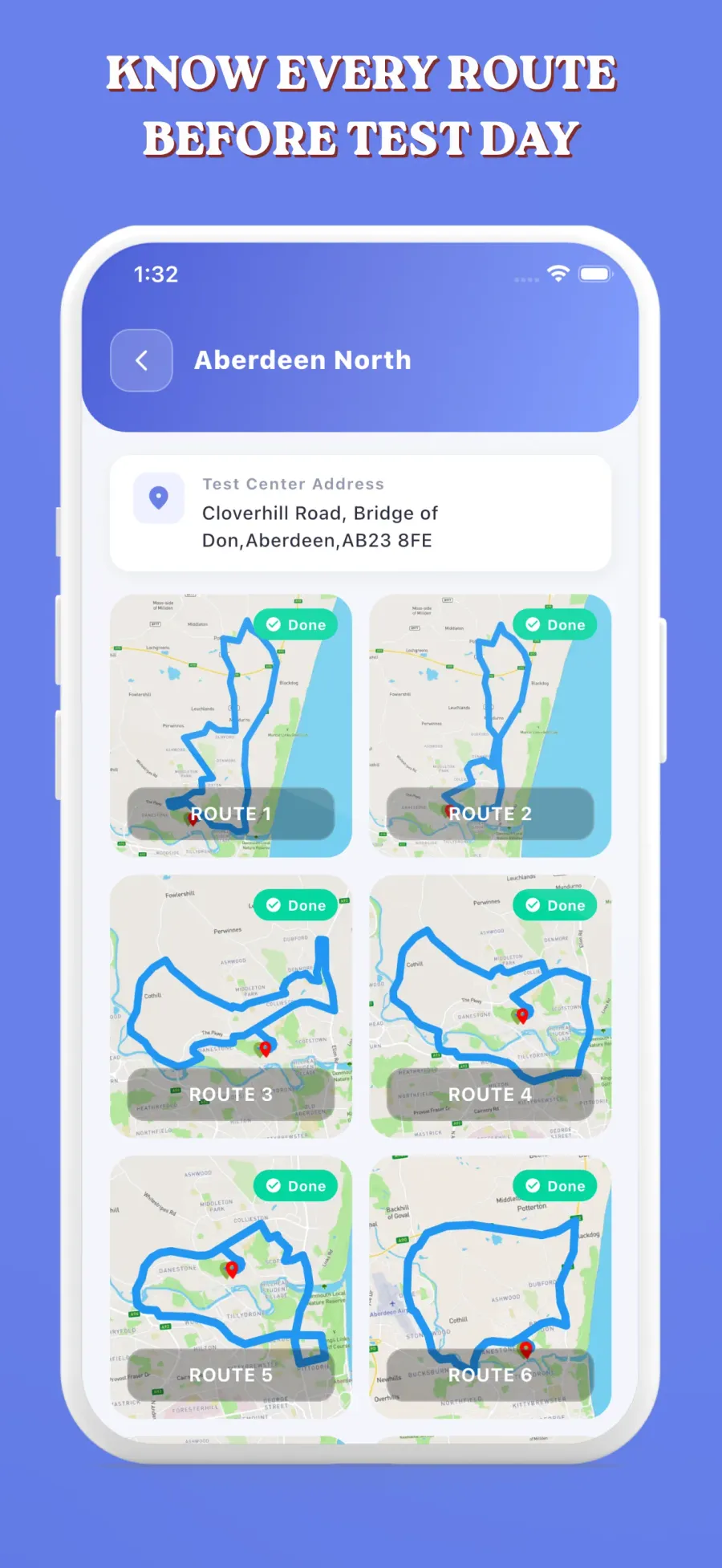 Every route at a test centre, with completed routes marked done