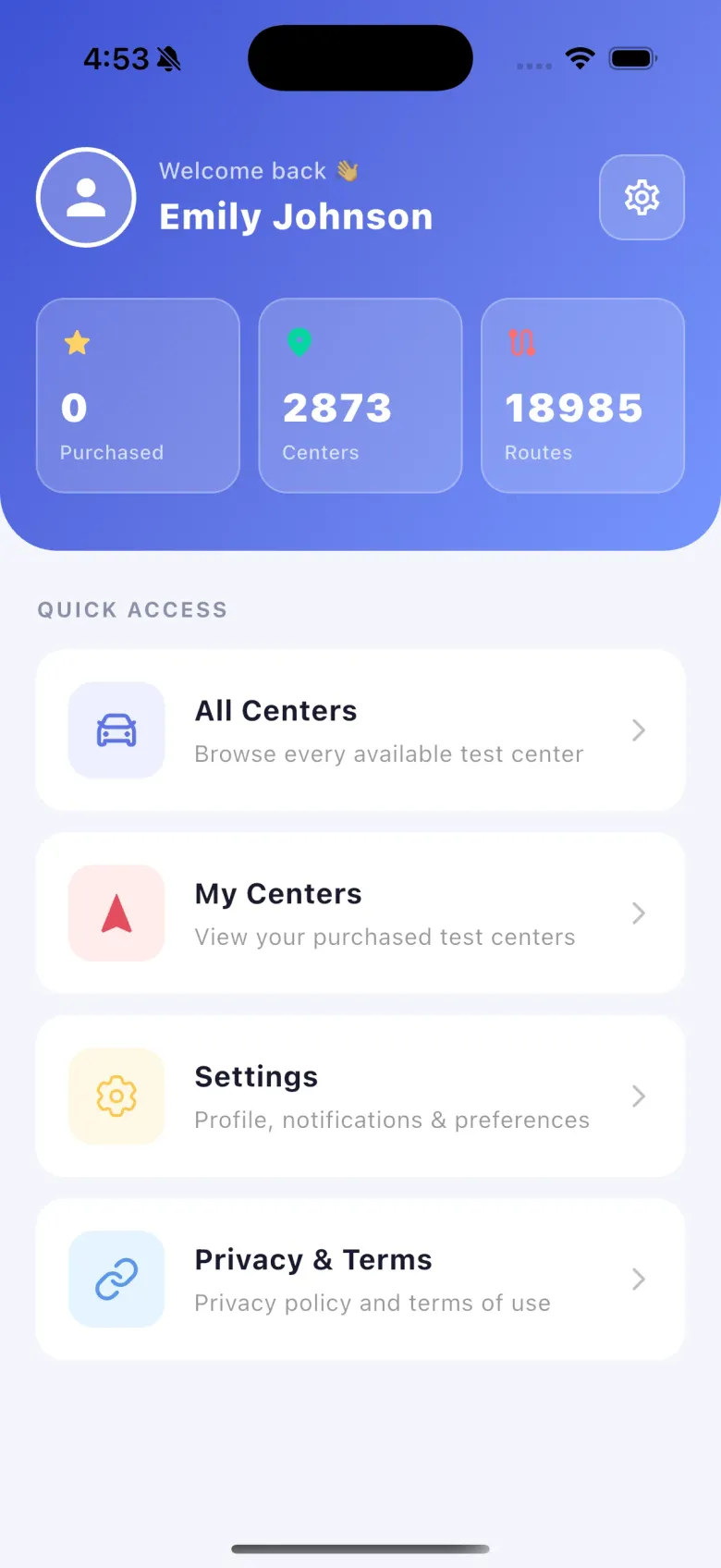 Driving Exam Test Routes app home screen showing test centre and route counts